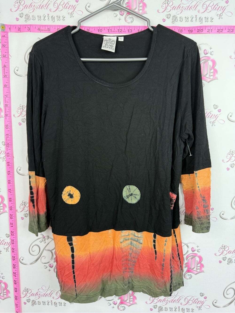 Parsley & Sage Black Long Sleeve Scoop Neck Top with Orange & Green Tie-Dye